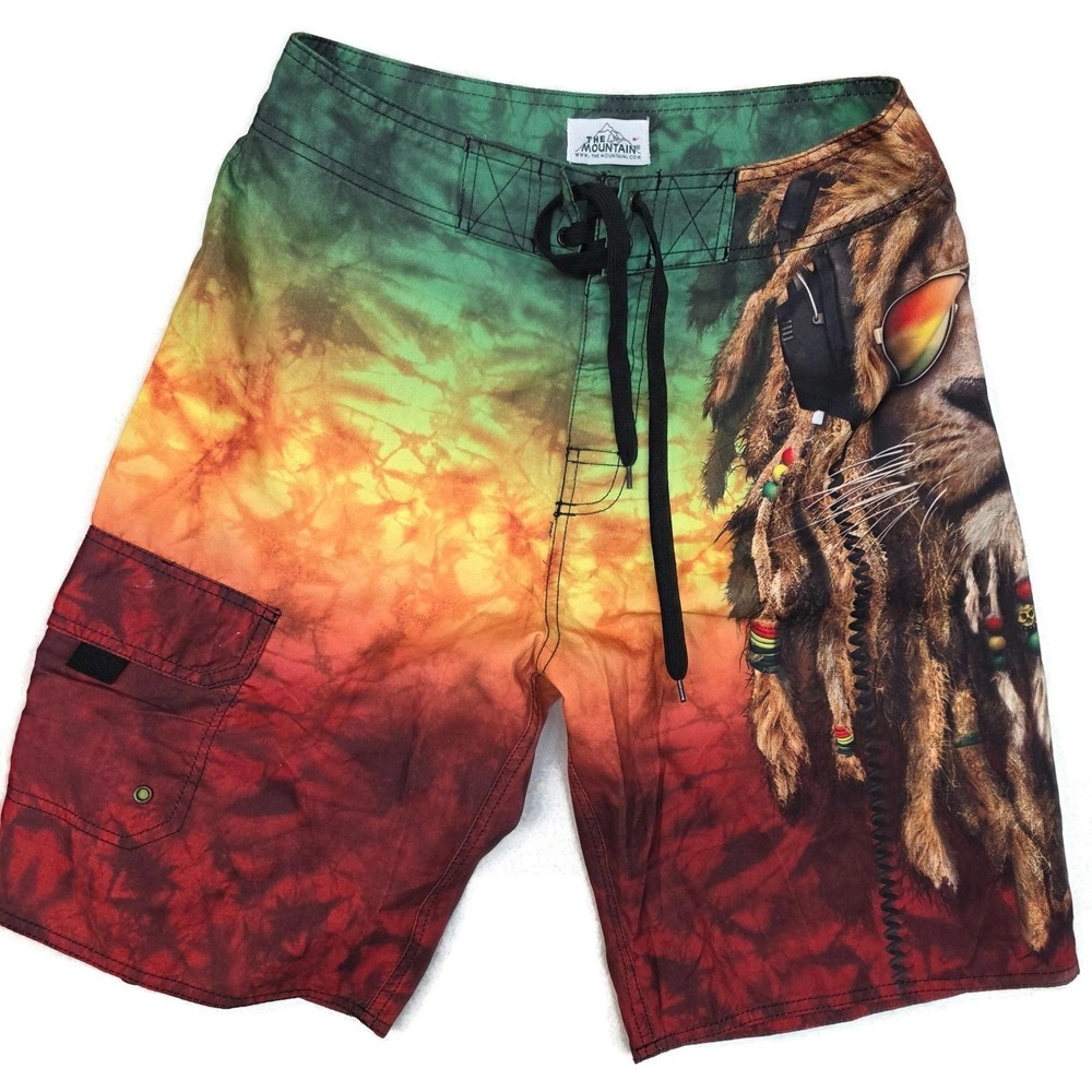 The Mountain Board Shorts‎ Mens 30 Rasta Lion Tie Dye Reggae Swim Trunks